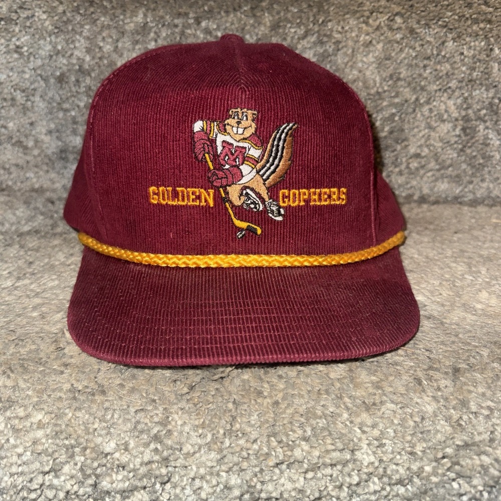 Vtg Minnesota Golden Gophers Hockey Goldy Gopher Corduroy Rope Hat USA 1980s